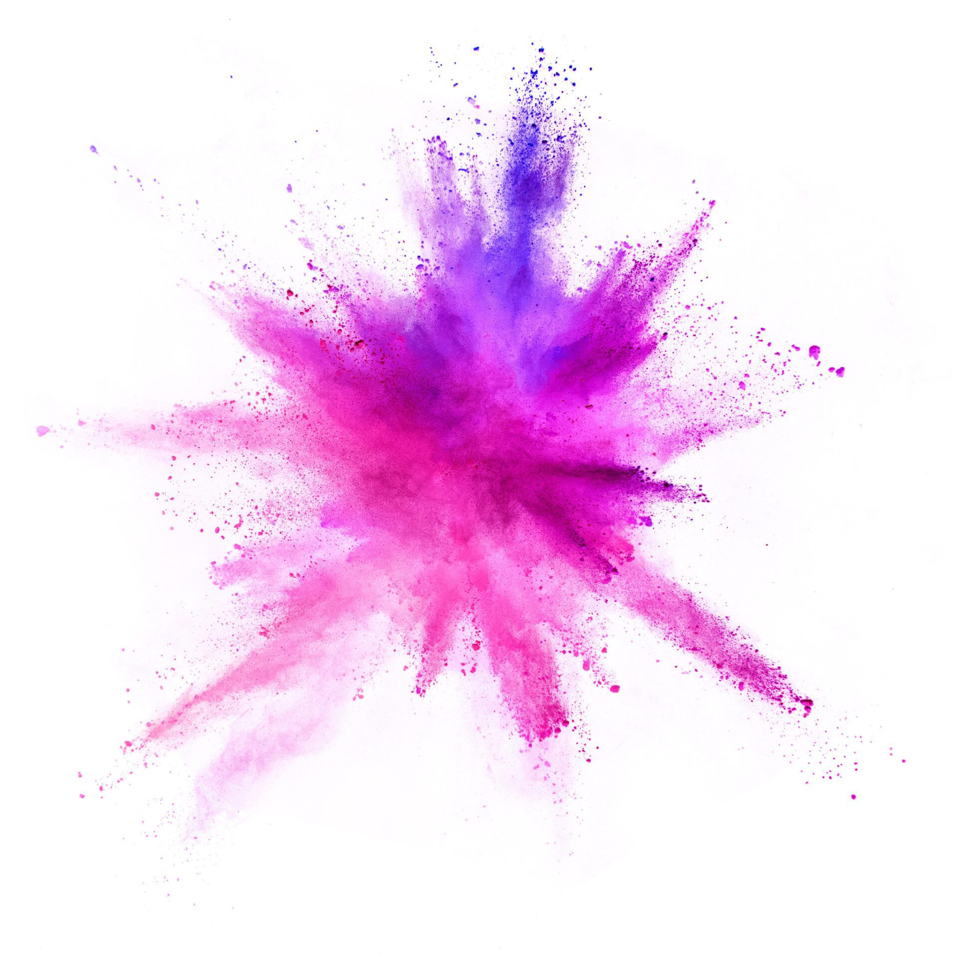 Explosion of coloured powder isolated on white background. bomb